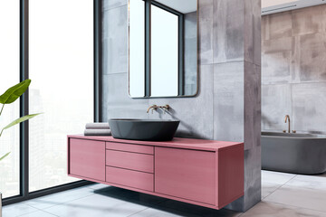 Poster - Modern bathroom interior with pink floating vanity and matte black sink in luxury apartment with gray concrete wall and large window view. 3D Rendering
