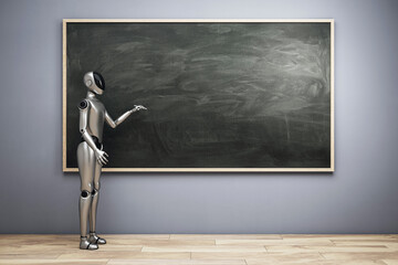 Poster - Humanoid robot pointing at large empty chalkboard on light background classroom wall with wooden floor, futuristic education concept scene. 3D Rendering