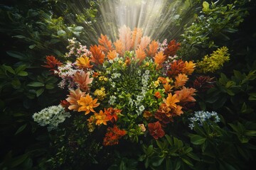 Poster - Vibrant floral arrangement bathed in sunlight nature scene botanical art lush green background aesthetic viewpoint