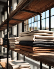 Poster - Soft textiles stacked neatly wooden shelves, illuminated by natural light streaming through large windows, create warm