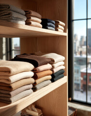 Poster - Cozy sweaters neatly arranged on wooden shelves, showcasing variety of colors and textures, creating warm atmosphere