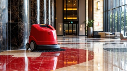 Poster - Electric scrubber with water tank visible in a high-traffic commercial lobby