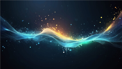 Wall Mural - Dark Blue, black abstract background with glowing particles and splash effects. Light from the top left with scattered bokeh and water-like textures. Cool tones of blue, gold, pink with a soft depth
