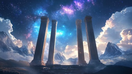 Poster - Majestic celestial event over ancient columns fantasy landscape digital art ethereal atmosphere wide angle view