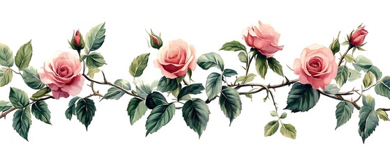 Wall Mural - Pink rose branch border, floral design