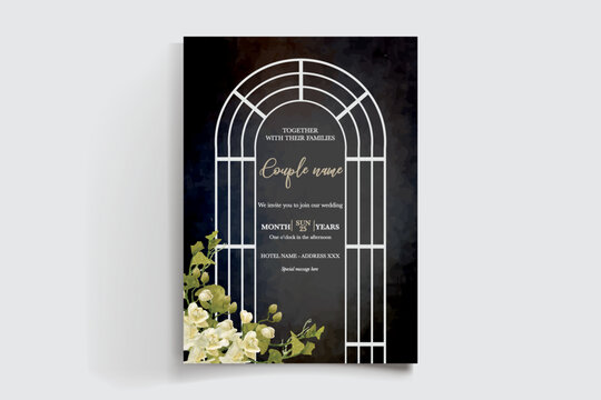WEDDING INVITATION FRAME WITH FLOWER DECORATIONS AND FRESH LEAVES