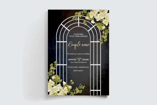 WEDDING INVITATION FRAME WITH FLOWER DECORATIONS AND FRESH LEAVES