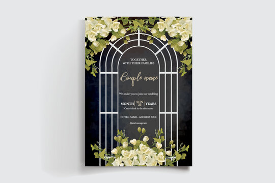 WEDDING INVITATION FRAME WITH FLOWER DECORATIONS AND FRESH LEAVES