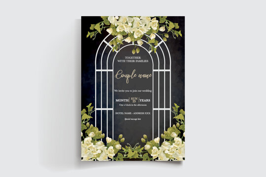 WEDDING INVITATION FRAME WITH FLOWER DECORATIONS AND FRESH LEAVES