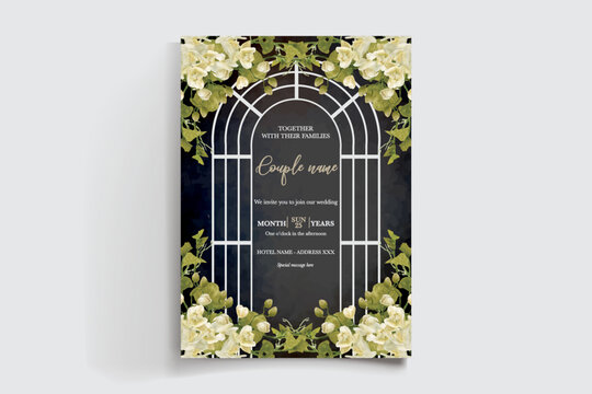 WEDDING INVITATION FRAME WITH FLOWER DECORATIONS AND FRESH LEAVES