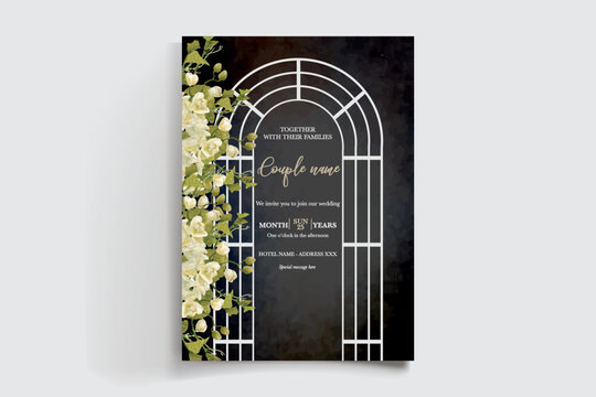 WEDDING INVITATION FRAME WITH FLOWER DECORATIONS AND FRESH LEAVES