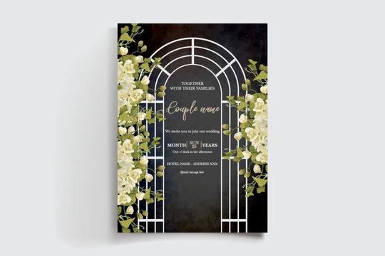 WEDDING INVITATION FRAME WITH FLOWER DECORATIONS AND FRESH LEAVES