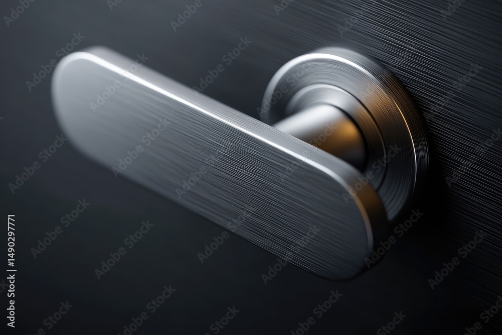 Close-up view of a modern, brushed metal door handle.
