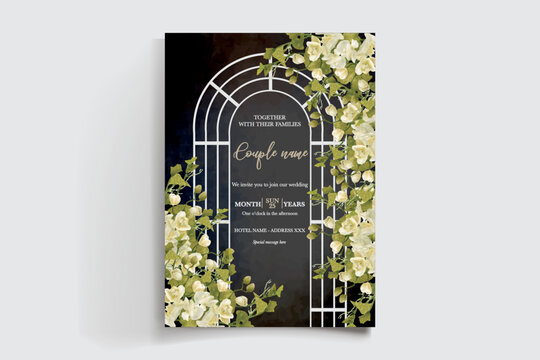 WEDDING INVITATION FRAME WITH FLOWER DECORATIONS AND FRESH LEAVES
