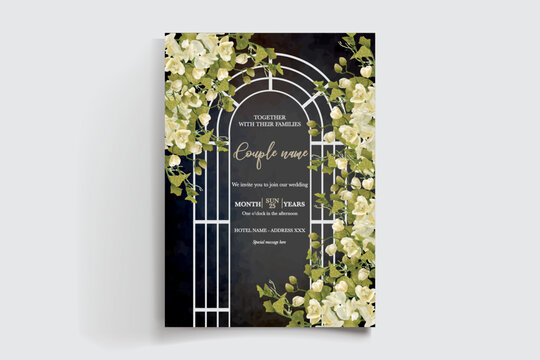WEDDING INVITATION FRAME WITH FLOWER DECORATIONS AND FRESH LEAVES