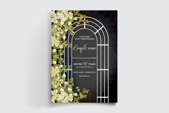 WEDDING INVITATION FRAME WITH FLOWER DECORATIONS AND FRESH LEAVES
