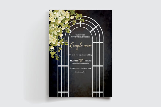 WEDDING INVITATION FRAME WITH FLOWER DECORATIONS AND FRESH LEAVES
