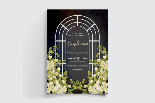 WEDDING INVITATION FRAME WITH FLOWER DECORATIONS AND FRESH LEAVES