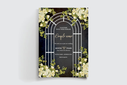 WEDDING INVITATION FRAME WITH FLOWER DECORATIONS AND FRESH LEAVES