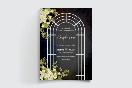 WEDDING INVITATION FRAME WITH FLOWER DECORATIONS AND FRESH LEAVES