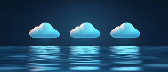 Poster - 3D rendering of cloud icons reflecting on a rippling water surface against a dark background
