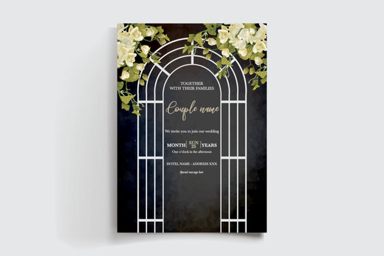 WEDDING INVITATION FRAME WITH FLOWER DECORATIONS AND FRESH LEAVES