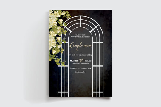 WEDDING INVITATION FRAME WITH FLOWER DECORATIONS AND FRESH LEAVES