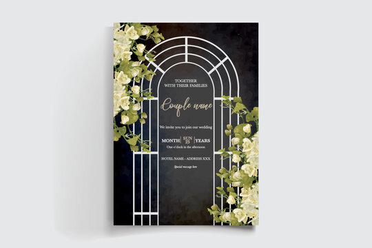 WEDDING INVITATION FRAME WITH FLOWER DECORATIONS AND FRESH LEAVES