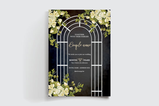 WEDDING INVITATION FRAME WITH FLOWER DECORATIONS AND FRESH LEAVES