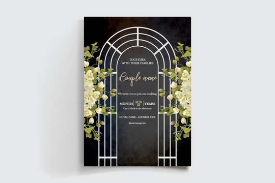WEDDING INVITATION FRAME WITH FLOWER DECORATIONS AND FRESH LEAVES