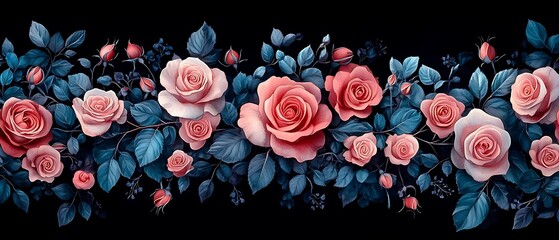 Wall Mural - Pink rose border, dark background