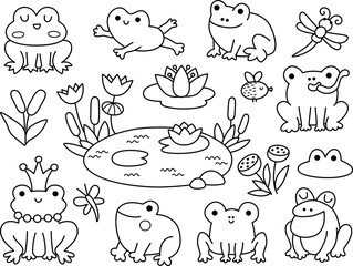 Wall Mural - Vector black and white cartoon frog clipart set. Cute swamp animal line icons. Woodland water character collection. Forest toad illustrations. Funny marsh coloring page with reeds, lily, pond