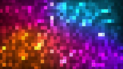 Poster - Abstract animated background featuring glowing pixel squares in a vibrant gradient of orange, pink, purple, and blue. Dynamic digital mosaic for ads, video cover, business, sales presentation, etc