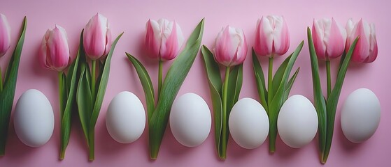 Wall Mural - Pink tulips, eggs, spring, Easter, pink background