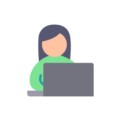 Poster - Flat vector illustration of a woman using a laptop in a casual setting