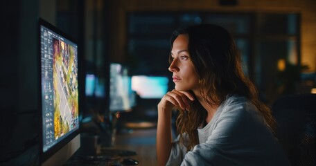 Portrait of Female Video Game Designer Working on a New 3D Level on Her Desktop Computer. Focused Woman Creating Metaverse and Design Video Game Character in Creative Office at Night. High quality