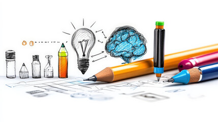 Fototapete - Creative illustration featuring pencils, sketches of light bulb, and brain symbolizes fusion of ideas and innovation in design. vibrant colors and dynamic composition evoke inspiration