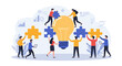 © Ytalo - Vector teamwork illustration showing people assembling puzzle pieces to create an idea, symbolizing collective effort and innovation.