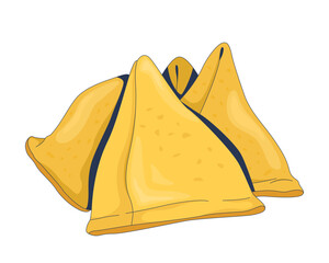 Poster - crispy golden triangular samosas placed together 2d cartoon object. indian snack food. savory pastry