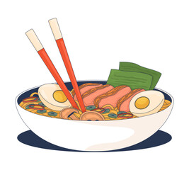 Poster - ramen bowl with chopsticks 2d cartoon object. asian soup noodles, boiled eggs, pork slices, vegetabl