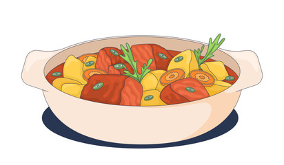 Poster - hearty stew with vegetables and meat chunks 2d cartoon object. comfort food with potatoes, carrots a