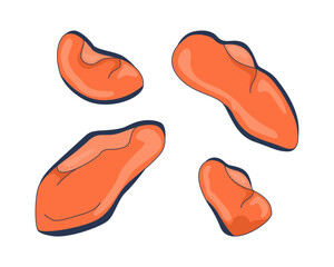 Poster - unshelled mussels scattered 2d cartoon object. peeled seafood cooked ingredient. marine delicacy. pr