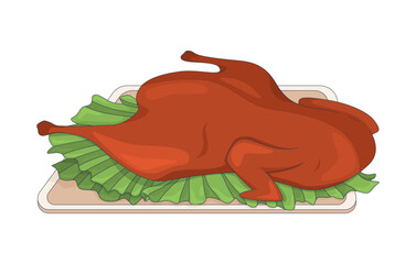 Poster - roasted whole chicken on lettuce garnish atop serving tray 2d cartoon object. thanksgiving food. din