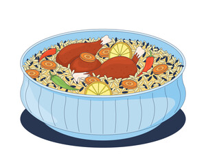 Poster - chicken pulao biryani with lemon, carrot and peppers 2d cartoon object. basmati rice with chilies an