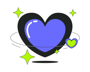 Poster - Y2K love planet 2D onboarding ui illustration. Floating heart with orbiting sparkling stars. 2000s futuristic retro romance cartoon concept isolated on white. Flat abstract vector metaphor