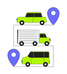 Poster - Vehicles tracking with location pins 2D onboarding ui illustration. Car, truck and van delivery. Logistics, travel, fleet management cartoon concept isolated on white. Flat abstract vector metaphor