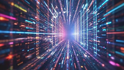 breath taking matrix code cascade, multiple layers of glowing data streams, vibrant colors flowing into each other, interspersed digital nodes pulsing with light, endless depth illusion