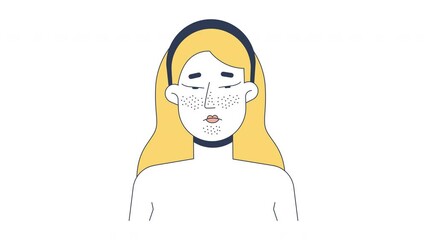 Poster - Blonde woman face with blackheads cartoon animation. Clogged pores, comedones. Skincare concern. Caucasian white female animated flat 2D character 4K video isolated on white, alpha channel