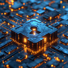 Poster - glowing digital lock symbol circuit board representing secure data protection and cybersecurity