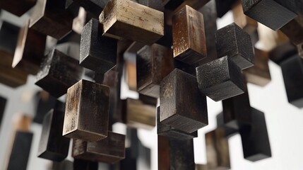 Poster - Abstract wooden cube installation, creating a unique geometric textured background